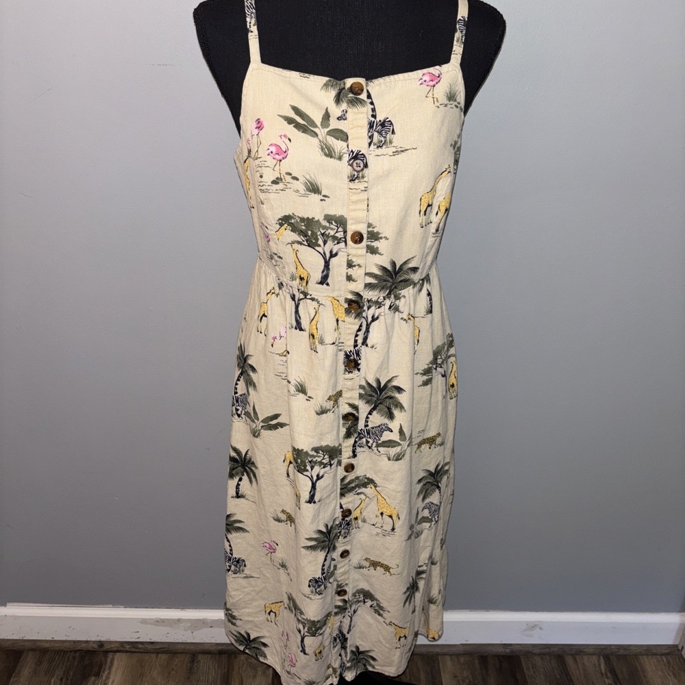 Old Navy Tan Safari Animal Print Linen Midi Dress Sz S Bohemian - Picture 1 of 10